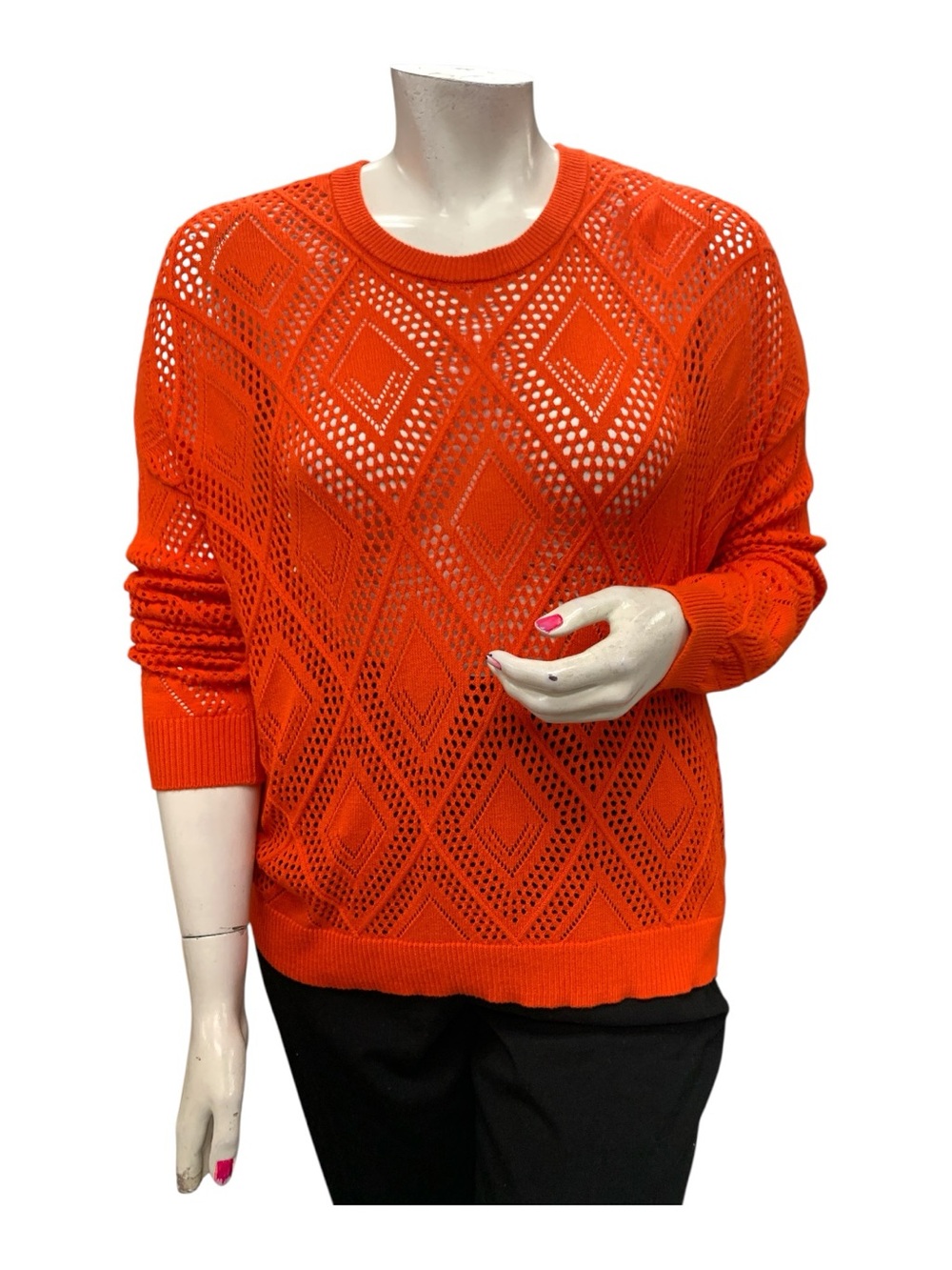 Orange Open-Knit Diamond Pattern Crewneck Sweater